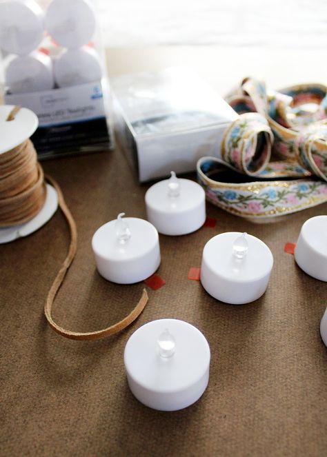 supplies for making mini tealight ornaments #ChristmasDIY #Ornaments Crafts Using Battery Tea Lights, Christmas Ornaments With Tea Lights, Tea Light Ornaments Diy, Christmas Tea Lights Crafts, Tealight Ornaments, Cinnamon Sticks Ornaments, Tea Lights Christmas, Homemade Christmas Crafts, Mini Baskets