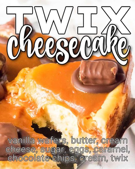 TWIX CHEESECAKE Twix No Bake Cheesecake, Twix Dessert Ideas, Twix Cupcakes Recipe, Twix Inspired Desserts, Twix Cheesecake Recipe, Giant Twix Cheesecake, No Bake Oreo Cheesecake, Chocolate Garnishes, Caramel Apple Cheesecake