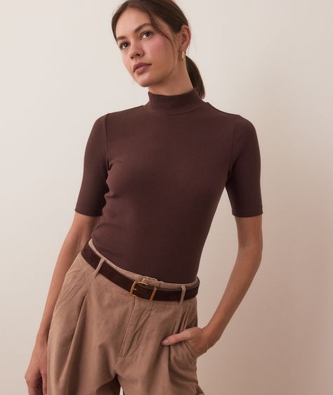 Women's Lexi Rib Mock Neck Top | Brown | X-Large By Marine Layer . Marine Layer makes the best possible products in a responsible way (aka high key softness - low key impact). At Marine Layer that means helping our customers to keep over 400k tees out of landfills through our ReSpun program, and creating our product assortment using sustainable materials. Visit our website or our stores to learn more. Closet Basics, High Key, Marine Layer, Mock Neck Dress, Mock Neck Top, Ribbed Fabric, Low Key, Top Tee, Mock Neck