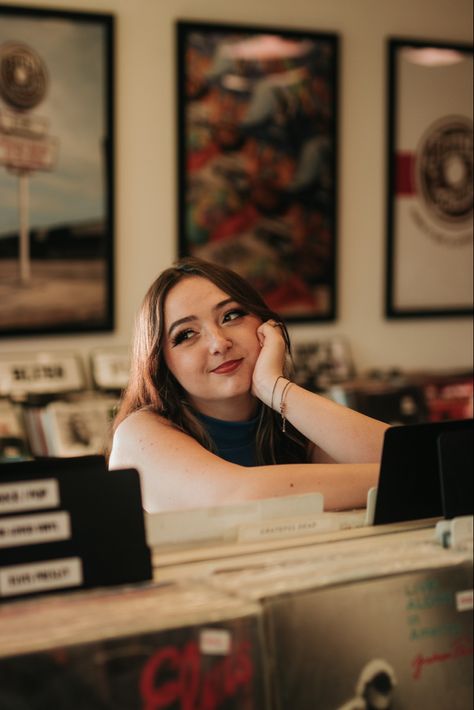 Record Shop Photoshoot, Record Shop Aesthetic, Vintage Girl Aesthetic, Vintage Aesthetic Grunge, Floor Poses, Moody Editing, Unique Senior Picture Ideas, Shop Photoshoot, Photoshoot Vintage