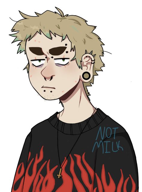 Punk Style Drawing, Delinquent Drawing, Punk Art Style Drawing, Punk Rock Oc Drawing, Grunge Character Art, Bully Oc Male, Punk Guy Art, Buzzcut Character Design, Shaved Head Drawing