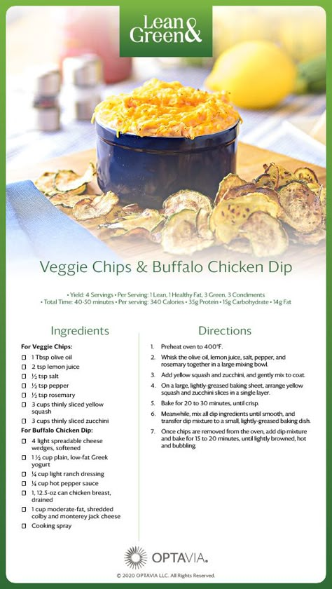 Healthy roasted veggie chips with an easy-to-make, low-carb buffalo chicken dip – yes please! This NEW lean & green recipe yields 4 servings, each with 1 leaner, 1 healthy fat, 3 green, and 3 condiments per serving. Your whole family will love this recipe; just be prepared for them to ask you to make it again and again! Octavia Lean And Green Recipes Easy, Optivia Buffalo Chicken Dip, Buffalo Chicken Optavia Lean And Green, Lean And Green Super Bowl Snacks, Lean And Green Snack Ideas, Optavia Approved Dips, Optivia 5 And 1 Recipes Lean And Green Chicken, Buffalo Chicken Lean And Green, Optavia Lean And Green 5&1 Buffalo Chicken Dip