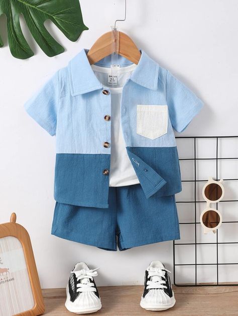 Baby Colorblock Patched Pocket Shirt & Shorts Without Tee | SHEIN USA Eid Pics, Trendy Romper, Boy Dress, Baby Boy Shirts, Baby Boy Dress, Baby Knitwear, Baby Swimwear, Clothing Diy, Baby Coat