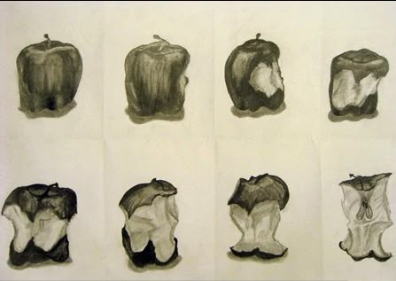 Transformation Drawing Series from Artsonia. Love the idea of drawing after each bite. Transformation Ideas Art, Drawing Series Ideas, Sequence Drawing Ideas, Eaten Apple Drawing, Stages Of Life Art, Eating Artwork, Transformation Artwork, Transformation Art Ideas, Transformations Art