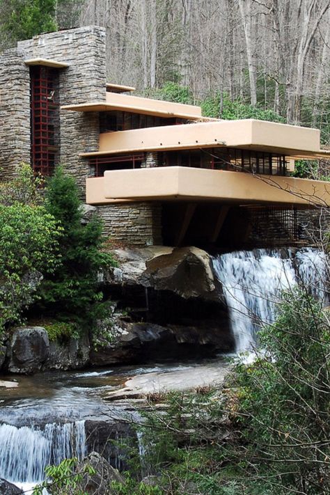 Frank Lloyd Wright Waterfall House, Frank Lloyd Wright Homes Architecture, Architecture Frank Lloyd Wright, Waterfall Architecture Design, Frank Loyd Wright Architecture Design, Waterfall Building Architecture, Frank Lloyd Wright Homes Exterior, Frank Loyd Architecture, Waterfall House Frank Lloyd Wright