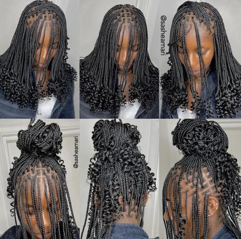 Short Small Braids With Curly Ends, Mid Length Knotless Braids With Curls, Parting Front Of Hair For Braids, Small Braids With Curls At The End, Small Short Knotless Braids With Curls, Push Back Braids, Trendy Braids 2023, Short Knotless With Curls At The End, Braids Styles 2023