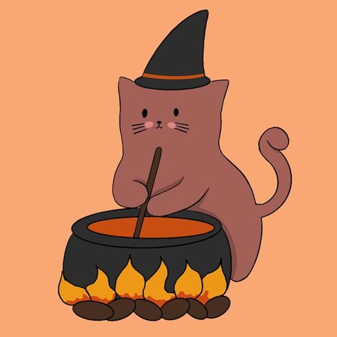 Cat in a witch hat brews a potion illust... | Premium Vector #Freepik #vector #background #pattern #party #design Potion Illustration, Witch Brew, Wizard Cat, Witch Potion, Adornos Halloween, Witch Cat, Vector Background Pattern, Witches Brew, A Witch