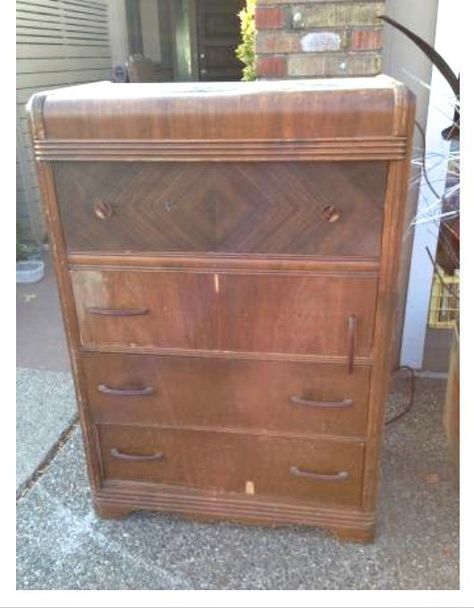 Vintage Waterfall Dresser Makeover Waterfall Dresser Makeover, Art Deco Bedroom Furniture, Waterfall Furniture, Waterfall Dresser, Repurposed Dresser, Dresser Refinish, Dresser Redo, Diy Dresser Makeover, Art Deco Bedroom