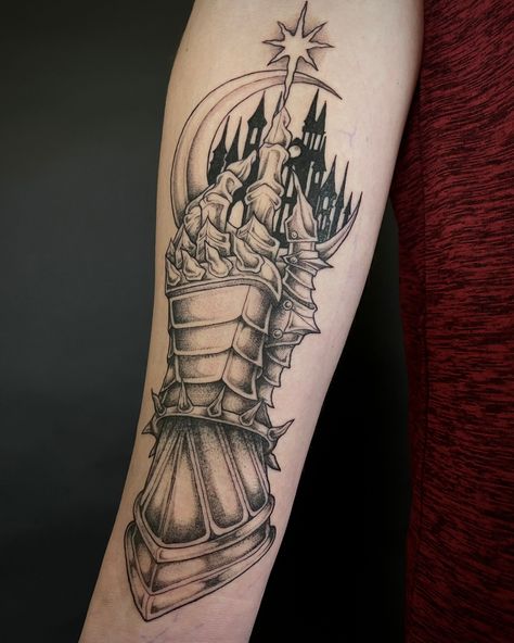 Moonlit Gauntlet Castle Knight Gauntlet Tattoo, Knight Armor Tattoo, Knight Tattoo Design, Gauntlet Tattoo, Knight Gauntlet, Armour Tattoo, Illustrative Tattoo, Los Angeles Tattoo, Miami Tattoo