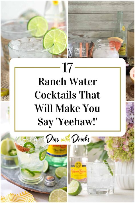 Collage of 4 ranch water cocktails. Cowgirl Cocktail Recipe, Ranch Water Variations, Flavored Ranch Water, Cowboy Themed Alcoholic Drinks, Farm Themed Cocktails, Spicy Ranch Water Cocktail, Mexican Appies, Ranch Water Cocktail Recipe, Western Drinks