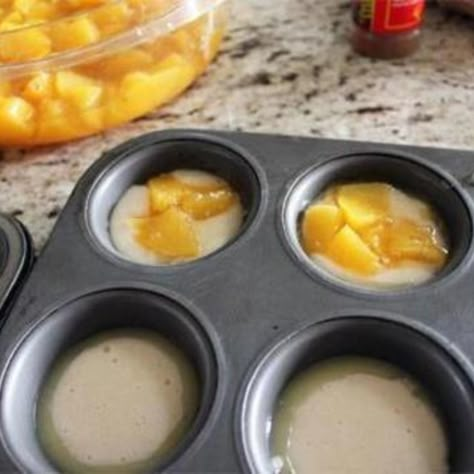 Mini Peach Cobbler Recipe  This is in the oven as we speak! I hope it turns out good! Mini Peach Cobbler Recipe, Peach Cobbler Bites, Mini Peach Cobbler Muffin Tins, Mini Peach Cobbler, Masters Party, Butter Churner, Mini Recipes, Baked Desserts, Peach Recipes