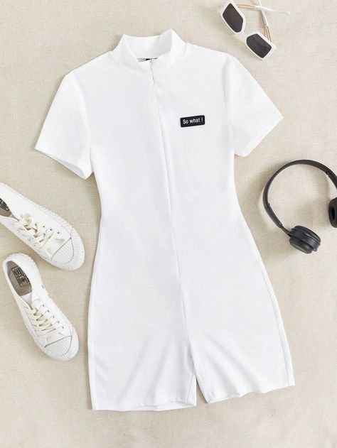 Women's Slogan Patched Turtleneck Knitted Unitard Romper White Casual  Short Sleeve Knitted Fabric Letter  Slight Stretch  Women Clothing, size features are:Bust: ,Length: ,Sleeve Length: Adrette Outfits, Jumpsuit Short, Women Slogan, Jumpsuit Pattern, Casual Day Outfits, Printed Sleeveless Top, Cute Preppy Outfits, White Romper, Knitted Romper