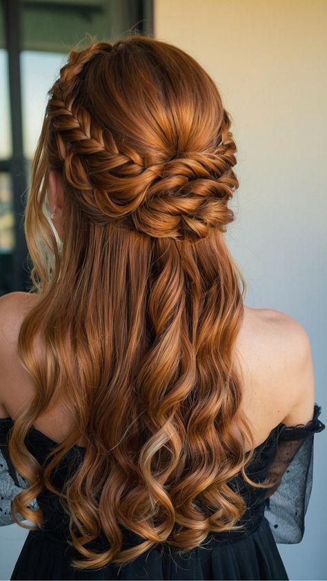 Hairstyles For Red Curly Hair, Light Brown Hair Updo, Pretty Hairstyles For Long Hair Prom, Hair For Red Dress, Classy Prom Hair Down, Hair Designs For Wedding, Wedding Hairstyles For Long Hair Braid, Red Hair Wedding Hairstyles, Hairstyles For Long Red Hair