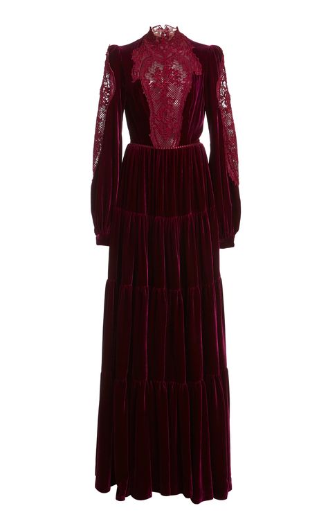 Adelina Lace-Detailed Silk Velvet Tiered Gown by COSTARELLOS for Preorder on Moda Operandi Velvet Evening Gown Floor-length, Velvet Floor-length Evening Gown, Luxury Velvet Floor-length Dress, Velvet Dress Catwalk, Luxury Velvet Maxi-length Evening Dress, Neat Casual Outfits, Muslim Fashion Hijab Outfits, Cute Skirt Outfits, Folk Dresses