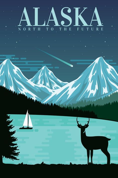 Alaska Travel Poster Travel GiftAll of our fine art prints are produced with acid-free archival papers or heavyweight Exhibition Gallery Canvas (stretched or unstretched) with archival inks to guarantee that our prints last a lifetime without fading or loss of color. Our Decal prints are backed with a repositionable adhesive that removes cleanly and easily with no residue. CUSTOMIZATION Please feel free to contact us for custom print sizes. We are able to print just about any size. SHIPPING AND Fictional Travel Posters, Alaska Illustration, Vernacular Typography, Alaska Poster, Alaska Art, Father Art, State Posters, Travel Poster Design, Tourism Poster