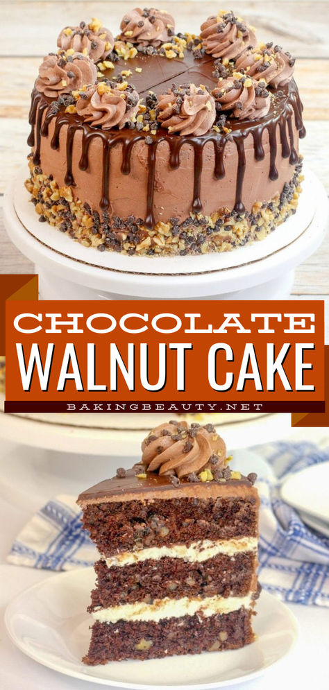 Want more Valentine's Day baking ideas? Try this chocolate walnut cake recipe! It's an easy Valentine's Day dessert. Paired with fudgy chocolate frosting and crunchy walnuts, this rich, moist homemade chocolate cake is decadent! Chocolate Walnut Cake Recipe, Chocolate Walnut Cake, Easy Chocolate Dessert, Walnut Cake Recipe, Craving Chocolate, Decadent Chocolate Desserts, Easy Chocolate Desserts, Homemade Chocolate Cake, Valentine Desserts