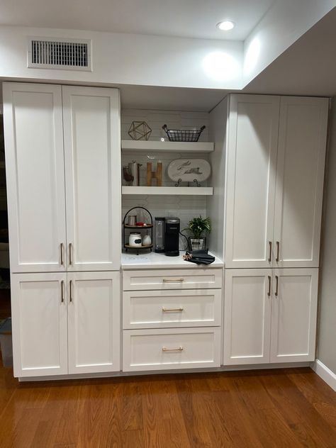 Pantry Wall Ideas Built Ins, Wall To Wall Cabinets Kitchen, Wall Of Cabinets Kitchen Pantries, Separate Pantry Cabinet, Kitchen Pantry Addition, Upper Cabinet Pantry Wall, Double Pantry Cabinet, Wall Cabinets In Kitchen, Tall Kitchen Pantry Cabinet Door