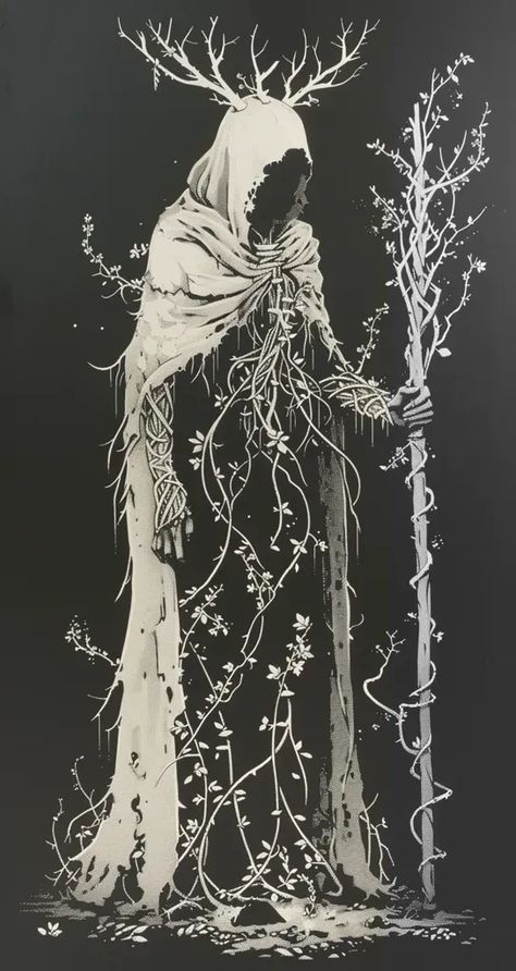 Full Color Image in ai-img-gen.com 🔸 A white drawing on black paper of an antlered dryad with tree branches for arms, holding a staff in ... 🔸 From Midjourney AI Image Forest God Art, Hooded Figure Drawing, Scary Tree Drawing, White Drawing On Black Paper, Tree Spirit Tattoo, Tree People Art, Branch Antlers, Antler Tree, Arm Drawing