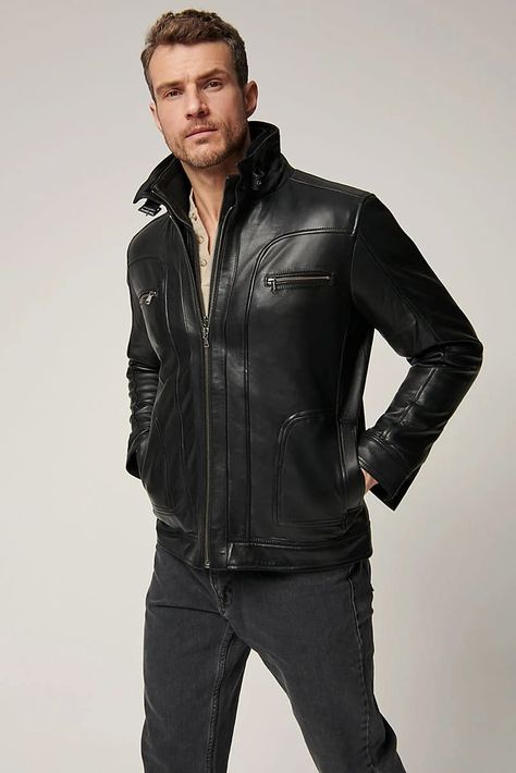 Men’s Memphis Lambskin Leather Bomber Moto Jacket Outer Shell: Real Leather Leather Type: Sheep Skin Inner Shell: Quilted viscose lining Closure Style: Zipper Collar Style: Band with buckle closure (Removable Knit Bib and Collar) Cuffs Style: Button Inside Pockets: Two Outside Pockets: Four Color: Black The post Men’s Memphis Lambskin Leather Bomber Moto Jacket 0025 appeared first on Leather Moto Jacket. Man Leather Jacket, Leather Jacket Model, Moto Jacket Style, Male Reference, Mens Leather Jacket, Black Leather Jacket Men, Outdoor Jackets, Best Leather Jackets, Removable Collar