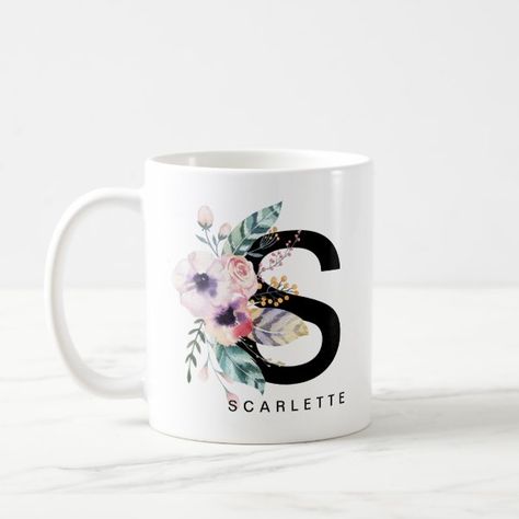 Initial 'S' Alphabet Mug Monogram Boho Watercolour Boho Style Living, Initial Mug, Alphabet Mugs, S Initial, Letter Mugs, Boho Style Decor, S Alphabet, Watercolor Feather, Monogrammed Gifts