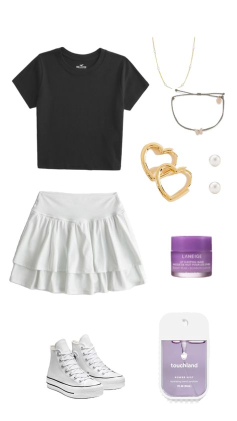 Baby tee- Hollister, Skirt- Hollister, necklace- Evry jewels, Earrings- Francescas, Bracelet - Pura Vida, shoes- Converse Athletic Skirt Outfit, Hollister Skirt, Summer Outfits 2024, Athletic Skirt, Shoes Converse, Simple Trendy Outfits, Skirt Outfit, Outfits Aesthetic, Baby Tee