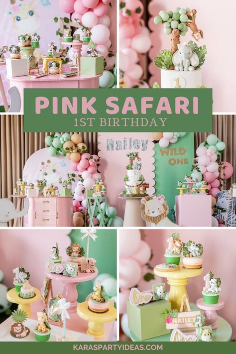 Safari Pink Birthday Party, Wild One Birthday Cake Pink, Pink Safari Baby Shower Centerpieces, Pink Jungle Theme Birthday, Pink Party Animal Birthday, Pink Jungle Birthday Party, Pastel Jungle Theme Birthday Party, Pink Two Wild Party, Girly Wild One Birthday Party