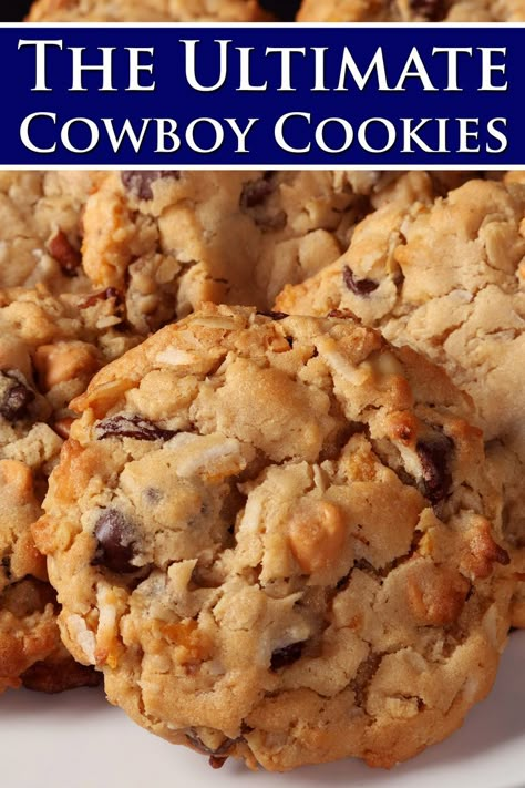 A plate of everything but the kitchen sink cookies. Overlaid text says ultimate cowboy cookies. Cowboy Cookies Recipe, Cowboy Cookie, Cowboy Cookie Recipe, Triple Chocolate Chip Cookies, Cookie Dough Filling, Cowboy Cookies, Peanut Butter Cookie Dough, Frozen Cookie Dough, Frozen Cookies