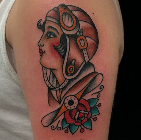 Aviator Girl by Nate Moretti in Richmond VA at Salvation Tatoo Gallery (Fresh) Aviator Tattoo, Women Traditional Tattoo, Traditional Tattoo Painting, Salvation Tattoo, Naval Aviator, American Tattoos, Aviators Women, R Tattoo, Classic Tattoo