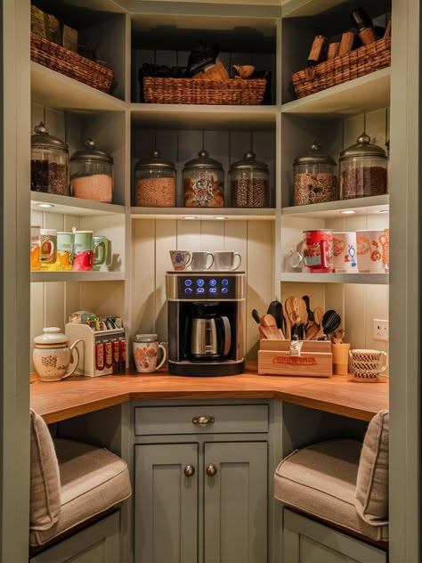 How To Make A Corner Pantry, Microwave In Corner Pantry, Pantry Corner Storage, Angled Pantry Ideas, Corner Pantry Ideas Layout, Corner Kitchen Pantry Design, Corner Cubbies, Kitchen Layout With Corner Pantry, Corner Pantry Makeover