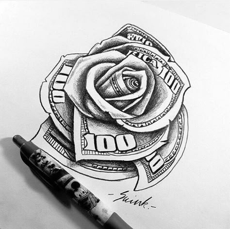 Money Rose Drawing, Gangster Tattoos Designs For Men, Money Rose Tattoo, Rose Tattoo Stencil, Catrina Tattoo, Rose Hand Tattoo, Money Rose, Money Tattoo, Tattoo Stencil Outline