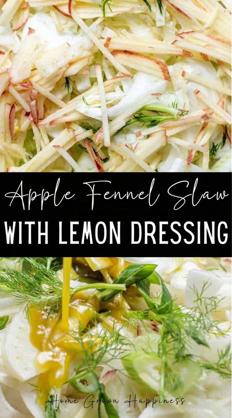 This apple fennel slaw makes a simple and refreshing side salad. It has crispy apple, sweet fennel bulb and spring onions. Topped with pecans for added texture and tossed in a zingy lemon dressing. This apple fennel slaw is like THE easiest salad to whip together and it’s so fresh and flavourful. Fennel Slaw, Fennel Bulb, Fennel Salad, Spring Onions, Side Salad, Pecans, Fennel, Onions, Lemon