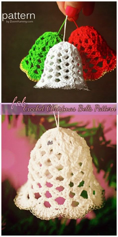 Crochet Christmas Bells Free Pattern-Video Crocheted Bells Free Patterns, Crochet Patterns For Christmas Ornaments, Bell Ornaments Christmas Diy, Crochet Christmas Bells, Crochet Bells, Bells Ornaments, Crochet Puff Flower, Chirstmas Decor, Crochet Christmas Ornaments Free