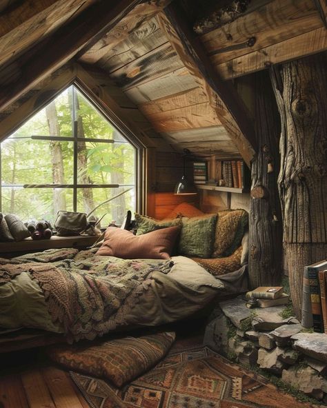 Tiny Cabin Bedroom, Small Cozy Bedroom, Cozy Cabin Bedrooms, Rustic Rooms, Witches Cottage, Minimalist Bedroom Ideas, Cozy Houses, Modern Bedroom Ideas, Library Bedroom