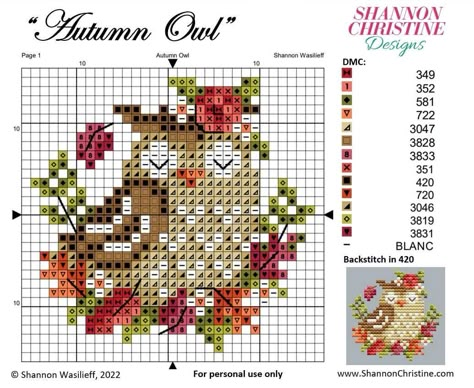 Autumn Owl, Cross Stitch Owl, Autumn Cross Stitch Patterns, Fall Cross Stitch, Owl Cross Stitch, Cross Stitch Freebies, Small Cross Stitch, Cross Stitch Christmas Ornaments, Cross Stitch Needles