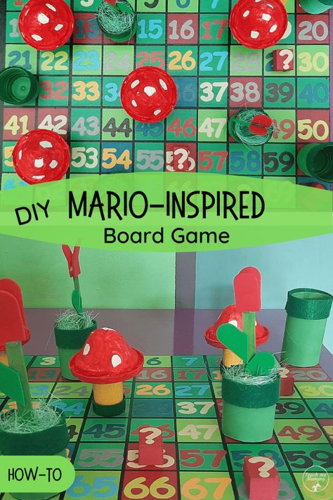 DIY Mario- inspired Board Game Diy Boardgames Homemade, Diy Board Game Pieces, Diy Mario Game, Diy Game Pieces, Video Game Themed Activities For Kids, Math Board Games Diy Project, Board Games Diy Make Your Own, Diy Gameboard, Board Game Ideas For School Project