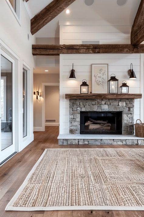 15 Stylish Shiplap Fireplace Ideas to Transform Your Living Space – Everyday Inspo Gas Fireplace With Shiplap Wall, Fireplace Stone On Bottom Wood On Top, Stone Fireplace And Shiplap Walls, Doors On Each Side Of Fireplace, Sunrooms With Fireplace, Fireplace With Wrap Around Hearth, Fireplace In Dining Room Ideas Farmhouse, Stone And Shiplap Wall, Farm Style Fireplace