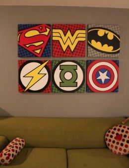 Something like this except with rescue Bots for the boys??? DIY Super Hero Kids Bedroom Superhero Room, Geek Decor, Metal Tree Wall Art, Green Lantern, Art Plastique, Boy Room, Acrylic Painting Canvas, Kids Bedroom, Captain America