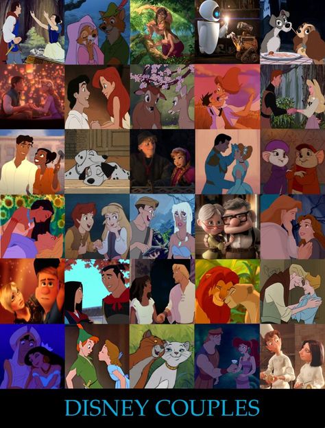 Disney Couples Disney Love Couples Romantic Moments, Disney Love Couples, Couples Collage, Princess Eilonwy, Romantic Moments Video, Animated Couples, Anastacia Disney, Disney Female Characters, Disney Movies List