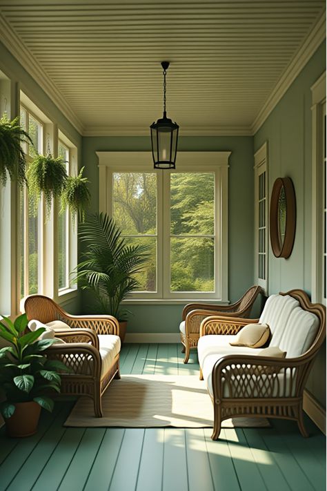 Cottage porch with sage green floor and cream ceiling in morning light Sun Porch Paint Colors, Green Porch Floor, Front Porch Paint Ideas, Front Porch Paint, Porch Paint Ideas, Green Porch, Angled Bedroom, Craftsman Porch, Light Green Paint