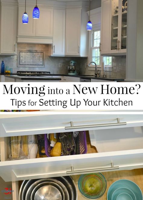 Tips on how to set up your kitchen if you're moving into a new home from a mom that has moved into and organized over 20 homes and kitchens. | relocation | new home | new kitchen Moving Into New Home, Best Kitchen Design, Easy Home Improvement, Classic Kitchen, Home Tips, Moving House, How To Set Up, Ikea Hacks, Remodeling Projects