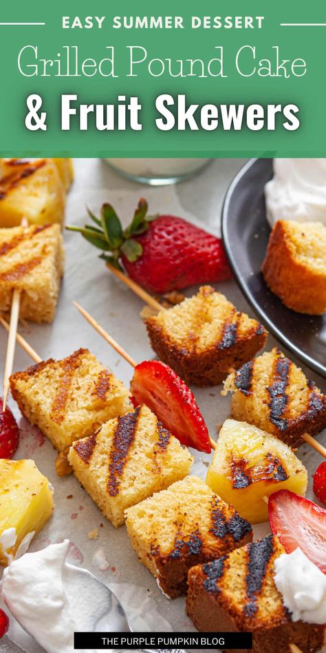 Bring the taste of summer to your poolside refreshment with these irresistible fruit and pound cake skewers. Enjoy the burst of tropical flavors from grilled pineapple, juicy strawberries, and tender pound cake, perfectly accompanied by a fluffy cloud of whipped cream. Dive into the ultimate summer dessert by visiting The Purple Pumpkin Blog for the full recipe. #SummerOnAStick #PoolsideTreats #FruitSkewerDelights Shrimp Skewer Recipes Oven, Pound Cake Kabobs, Pineapple Sausage Skewers, Grilled Fruit Dessert, Shrimp Skewers Grill Pineapple, Bbq Shrimp And Sausage Skewers, Skewers Grill, Grilled Fruit, Vegetarian Cake