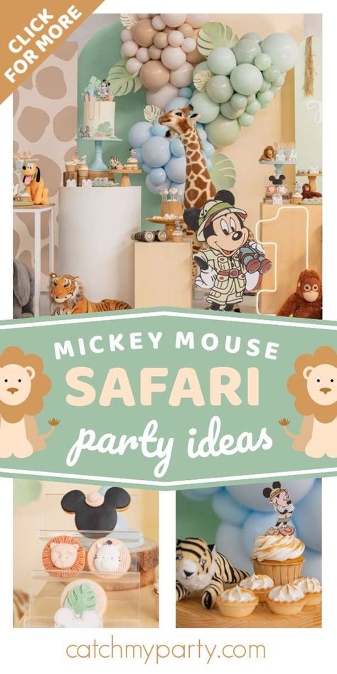 Check out this fun Mickey Mouse Safari birthday party! The dessert table is fantastic! See more party ideas and share yours at CatchMyParty.com Mickey Safari Birthday Food, Safari Sweets Table, Safari Mickey Mouse Party, Mickey Birthday Party Ideas, Mickey Mouse Safari Birthday, Safari Party Ideas, Mickey Safari Birthday, Safari 1st Birthday Party, Jungle Safari Birthday