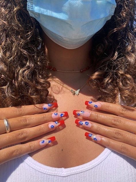 Evil Eye Red Nails, Red Nails With Evil Eye, Evil Eye Nails Red, Red And Blue French Tip Nails, Evil Eye Acrylics, Evil Eye Nails Acrylic, Red Evil Eye Nails, Acrylic Nails Evil Eye, Evil Eye Acrylic Nails