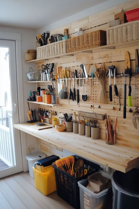 Maximize Space with DIY Wall Storage Solutions 🛠️✨ Get creative with DIY projects to organize your home. Use smart shelving, pegboards, and stylish hooks to keep everything in place. 🌿📦 #DIYWallStorage #Organization #HomeProjects #DIYInspo Art Supply Wall Organization, Diy Peg Board Wall, How To Hang Baskets On Wall For Storage, Art Pegboard Wall Organization, Baskets On Wall For Storage, Diy Wall Storage, Hanging Wall Storage, Diy Peg Board, Peg Board Walls