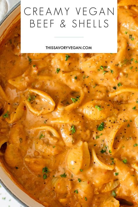 Vegan Creamy Beef And Shells, Easy Vegan Winter Recipes, One Pot Vegan Pasta, One Pot Vegetarian Meals, Beef Shells, Vegan One Pot Meals, Creamy Beef And Shells, Beef And Shells, Easy Vegan Dinner Recipes