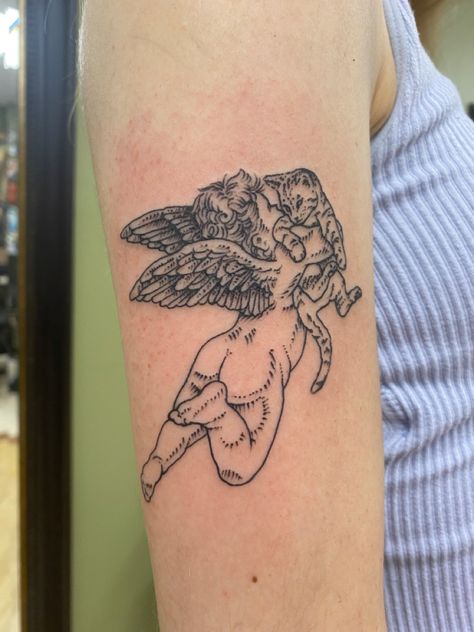 #cherub #angel #cat #tattoo credit to Jamie at Altered imaging tattoo in OKC! Cherub Cat Tattoo, Shaded Angel Tattoo, Cherub Tattoo Arm, Cherub Flower Tattoo, Aesthetic Memorial Tattoo, Woman With Cat Tattoo, Traditional Tattoos Angel, Cherub Angel Tattoo Traditional, Woman And Cat Tattoo