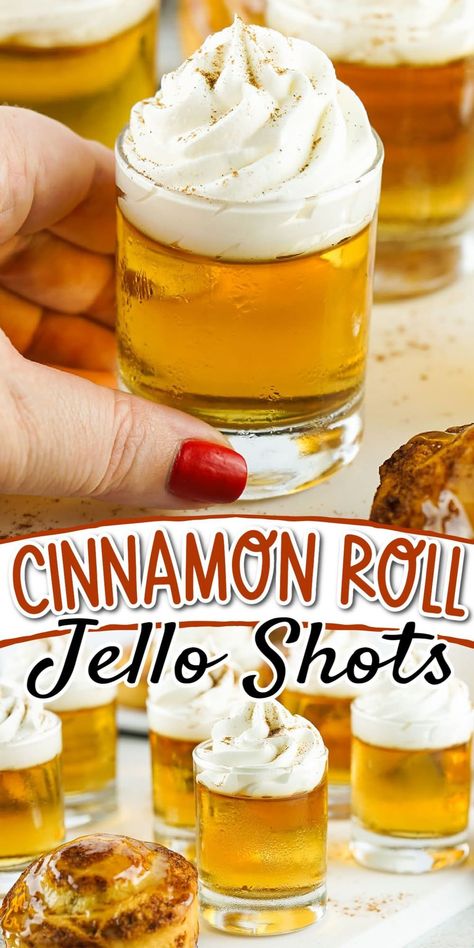 Cinnamon Roll Jello Shots are the perfect way to kick off any party. Fire up your taste buds with just a few simple ingredients – Fireball whiskey, cream soda and jello – you can create an adults-only treat that will have your friends begging for more. Jello Shots For Christmas Party, Jameson Jello Shots, Alcoholic Party Ideas, Cinnamon Roll Jello Shots, Red And Gold Jello Shots, Beer Jello Shots, Easy Christmas Jello Shots, Cowboy Jello Shots, Horchata Jello Shots