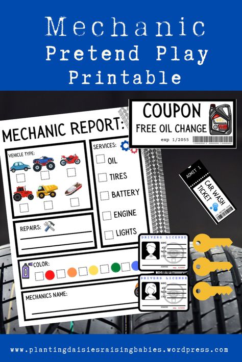 Mechanic Pretend Play Printable – Planting Daisies Raising Babies Mechanic Dramatic Play Preschool, Mechanic Pretend Play, Auto Shop Dramatic Play Free Printables, Mechanic Activities Preschool, Mechanic Shop Dramatic Play, Mechanic Dramatic Play, Auto Shop Dramatic Play, Planting Daisies, Community Helpers Preschool Activities