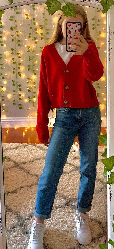 Outfit Ideas Red Sweater, Bright Red Shirt Outfit, Red Sweater Blue Jeans Outfit, Bright Red Top Outfit, Tommyinnit Outfit Ideas, Target Uniform Ideas Outfits, Target Work Outfit Red And Jeans, Cute Target Employee Outfits, Jeans And Red Top Outfit