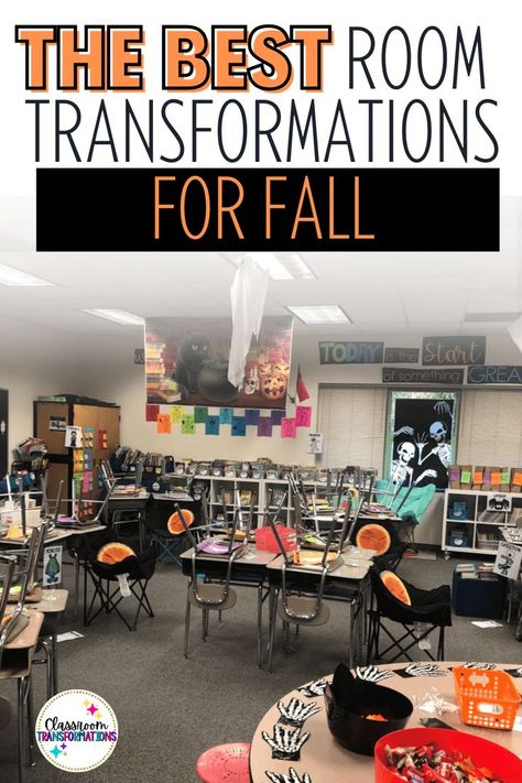 A Halloween themed classroom transformation for fall Fall Classroom Transformation Ideas, 3rd Grade Math Room Transformation, Halloween Class Transformation, Middle School Room Transformation, Fall Room Transformation Classroom, Halloween Room Transformation Classroom, Pumpkin Patch Classroom Transformation, Pumpkin Classroom Transformation, Fall Classroom Transformation